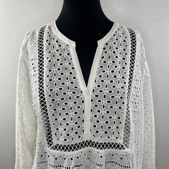 HALE BOB Eyelet Blouse Top White Cotton Split Neckline Long Sleeves Size L Large - Picture 3 of 10
